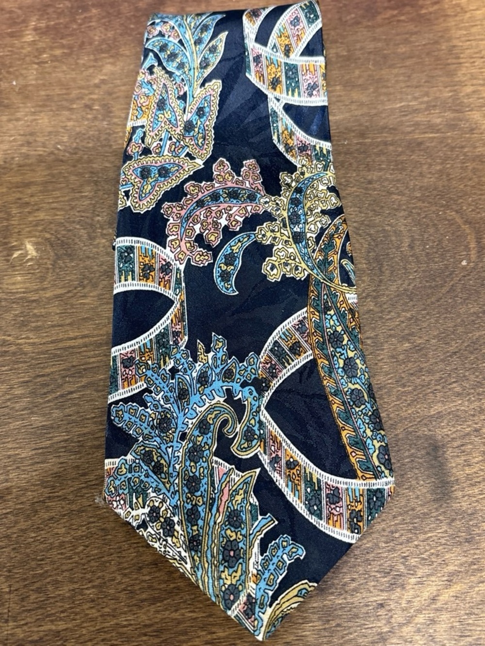 Vintage Navy Paisley Silk Tie with Blue and Pink Accents